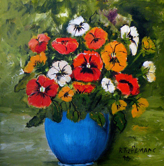 Viooltjes in Blauwe Vaas, acrylverfschilderij van bloemen