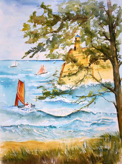 Vuurtorentje, aquarel van landschap