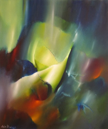 Smile of a flower [groene kleuren en blauw oranje...warme zachte tinten in olieverf schilderkunst, abstracte kunstwerken vrolijke kleuren