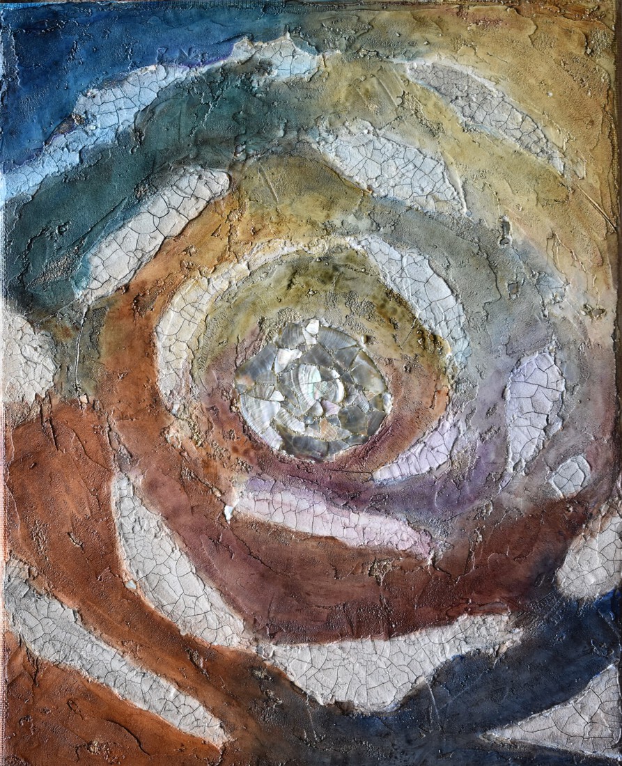 Covid-19 - Acryl, crackle paste, parelmoer, goudpoeder op linnen