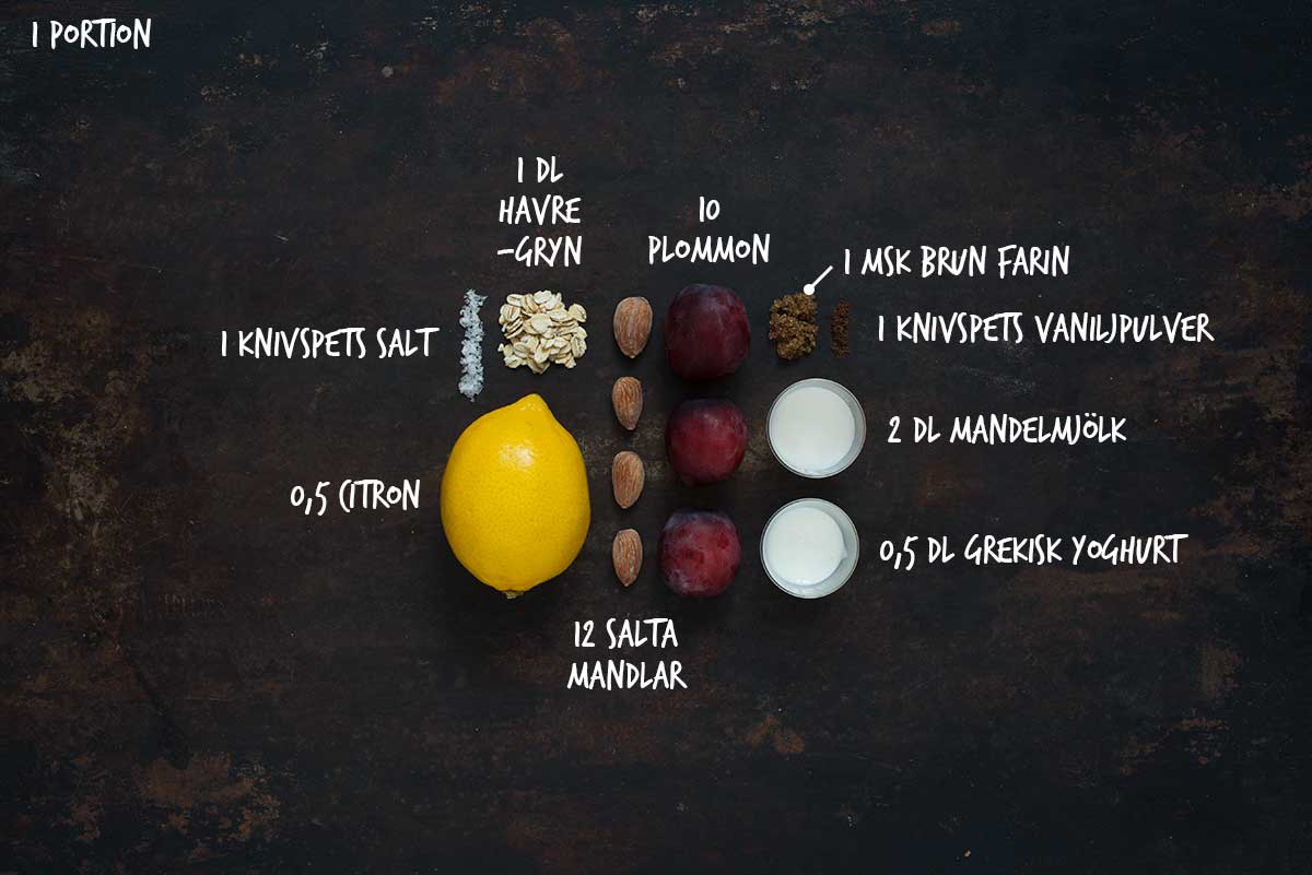 Recept: Havregrynsgröt med mandelmjölk och bakade plommon | Frk. Kräsen