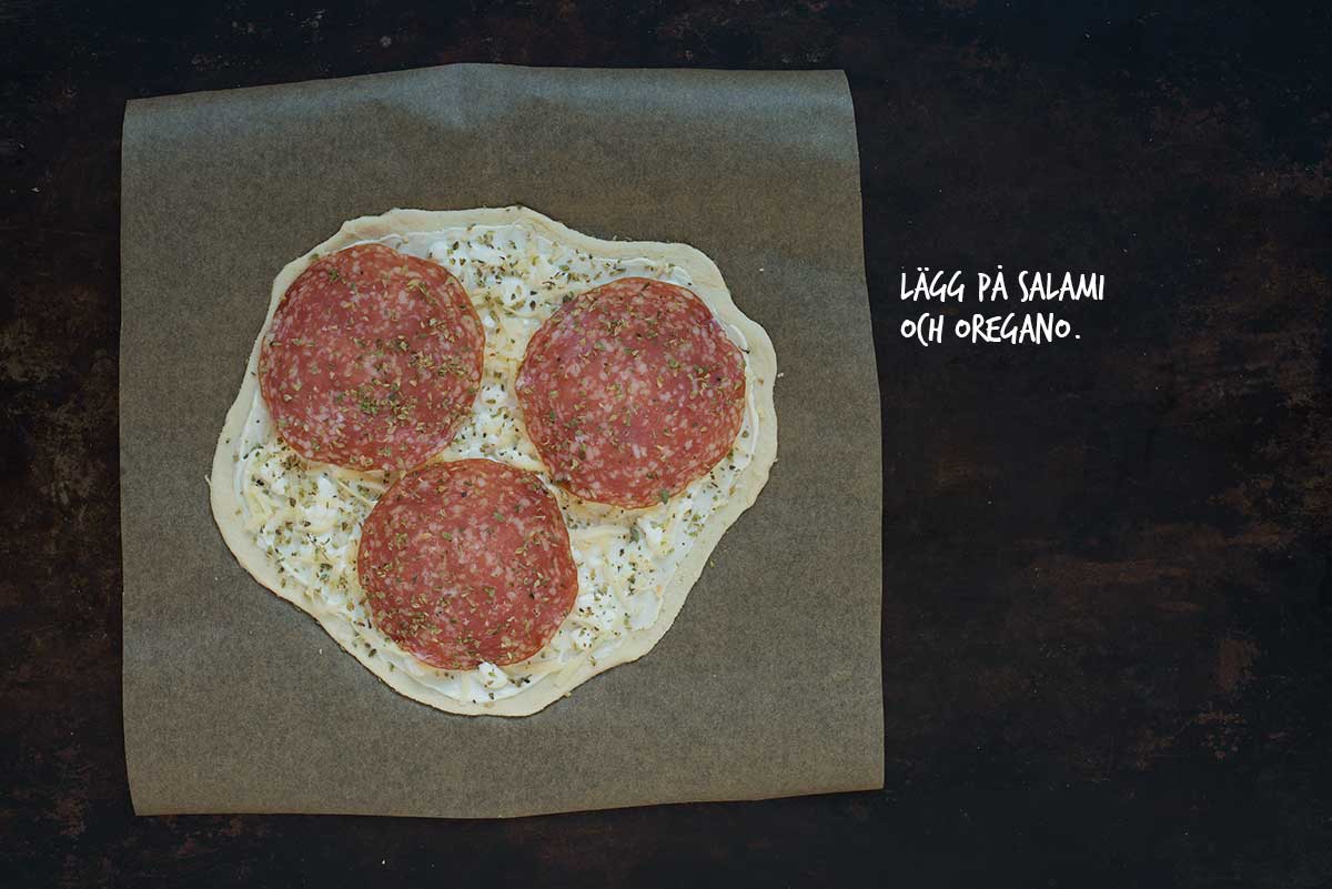 Recept: Vit pizza med salami, ruccola och körsbärstomater | Frk. Kräsen