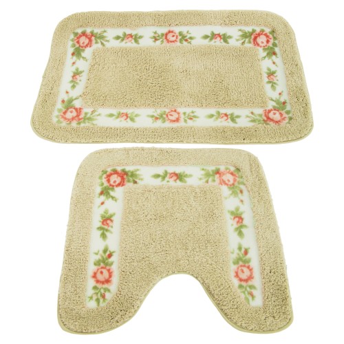 2 Piece Floral Design Non Slip Bath Mat And Pedestal Mat /Contour Rug