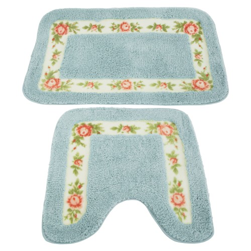 2 Piece Floral Design Non Slip Bath Mat And Pedestal Mat /Contour Rug