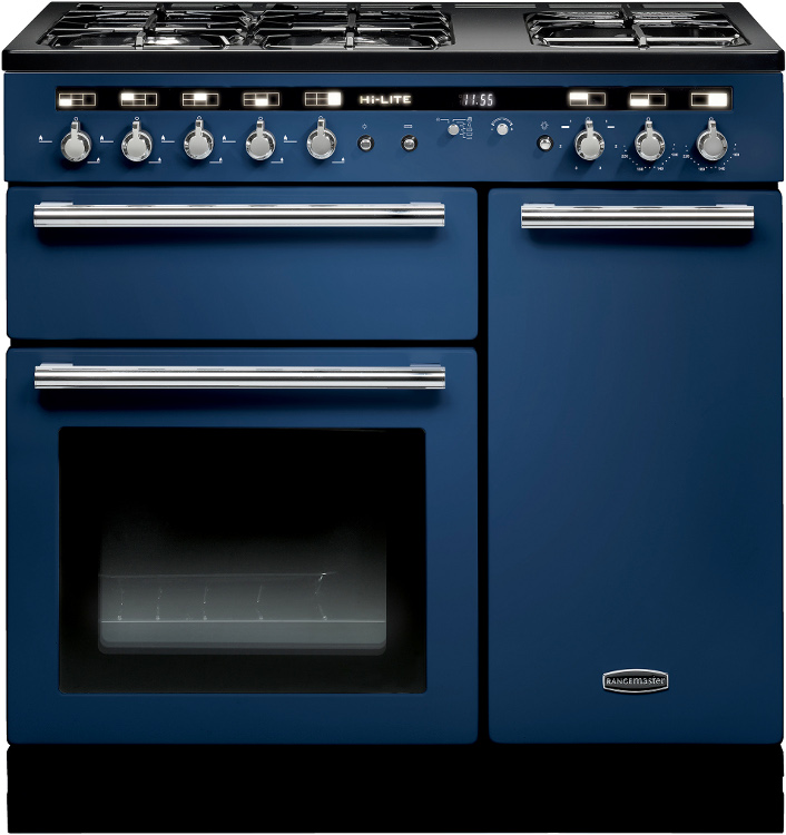 Rangemaster Hi Lite Monaco Blue with Chrome Trim 90cm Dual Fuel Range