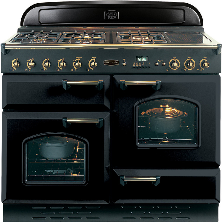 Rangemaster Classic Gloss Black with Brass Trim 110cm LPG Range Cooker