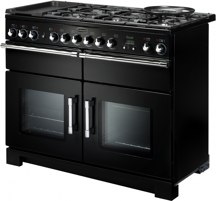 Rangemaster Excel Black with Chrome Trim 110cm Dual Fuel Range Cooker