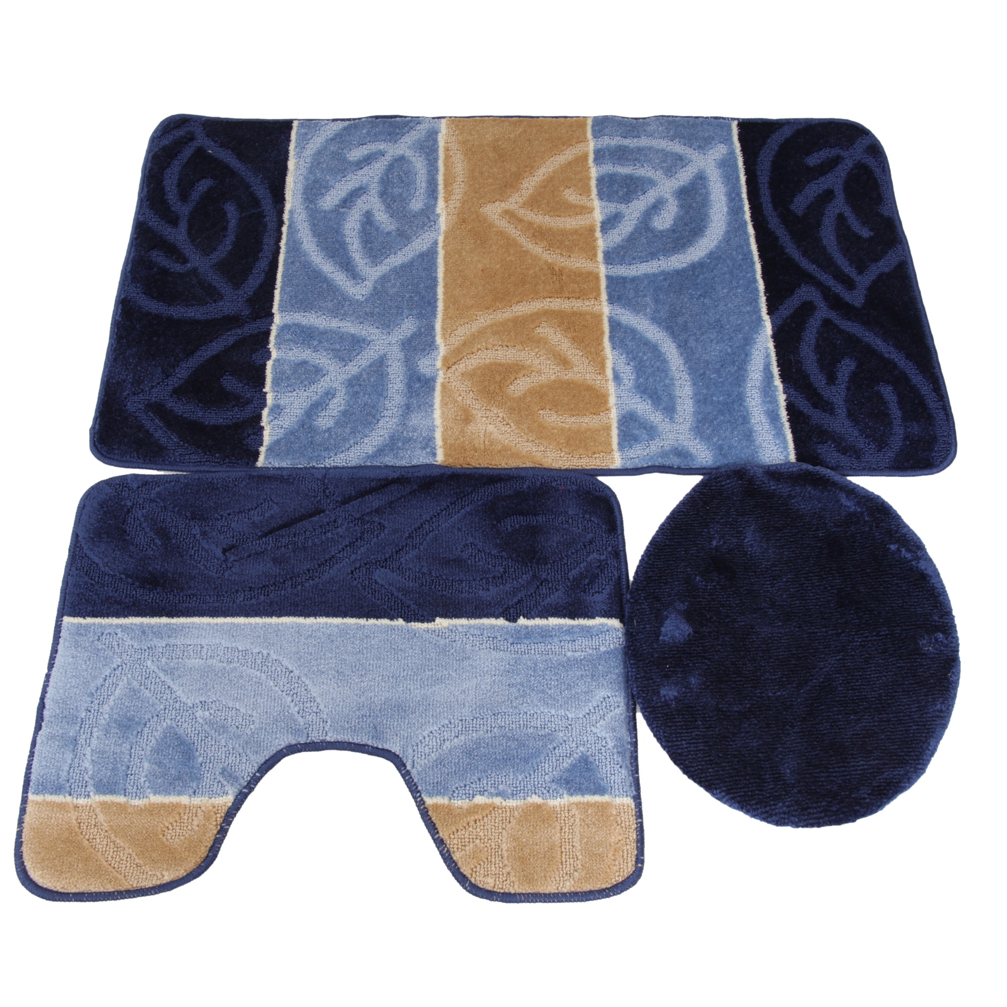 3 Piece Leaf Design Bath & Pedestal Bathroom Mat Set With Toilet Seat