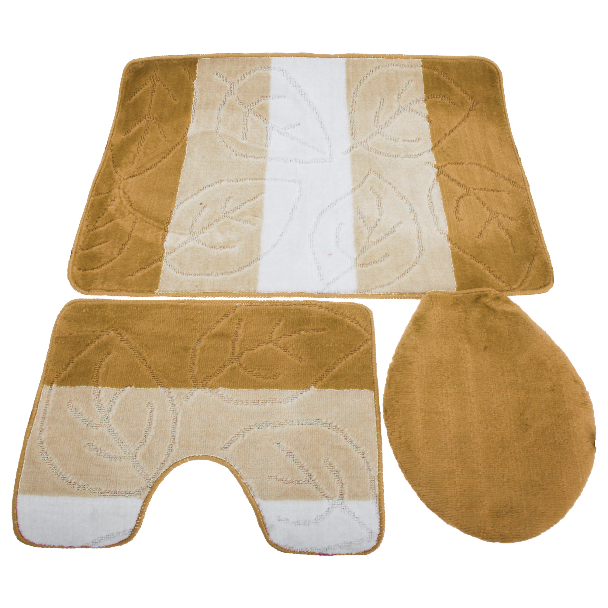3 Piece Leaf Design Bath & Pedestal Bathroom Mat Set With Toilet Seat