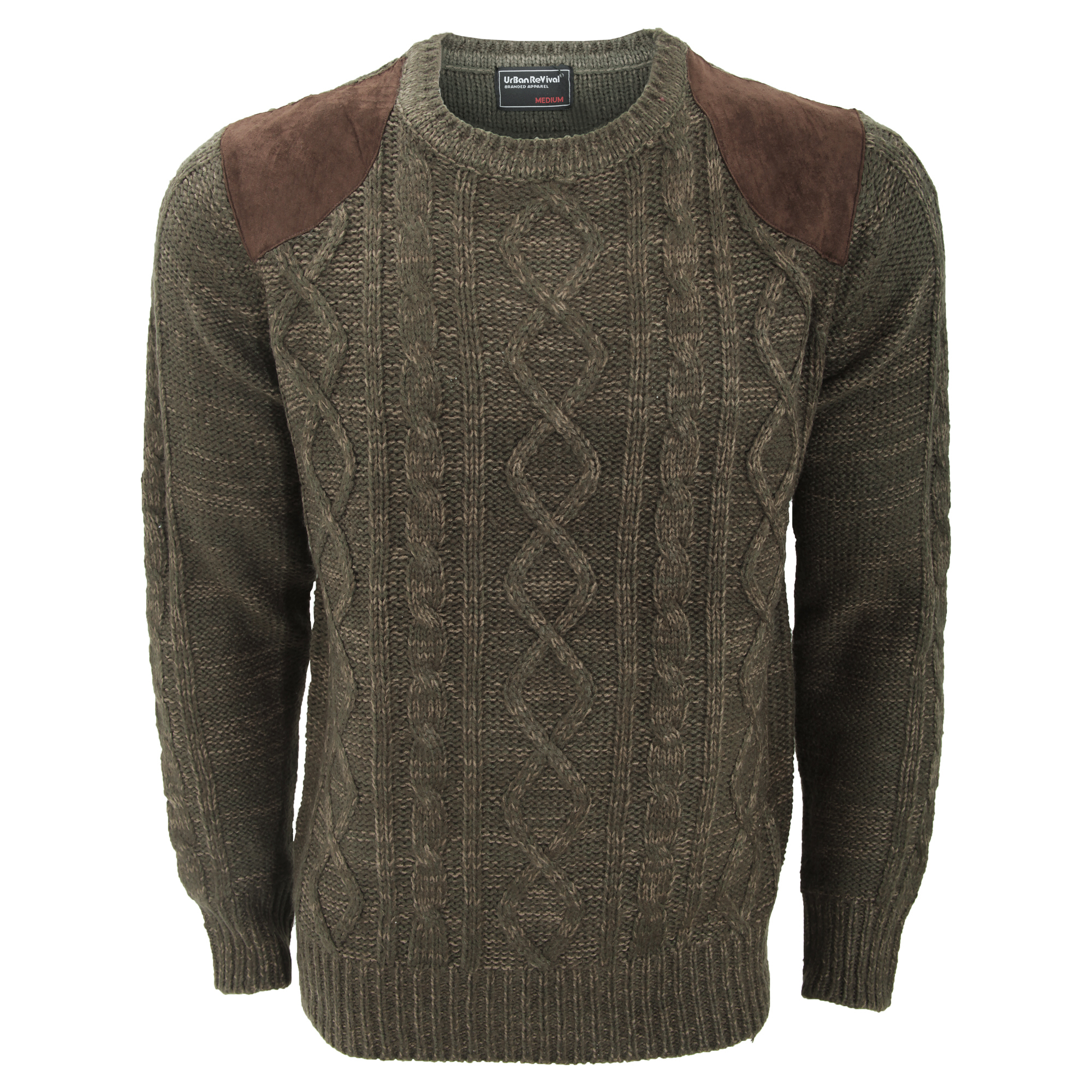 Mens Cable Knit Crew Neck Jumper/Sweater With Shoulder Patches eBay