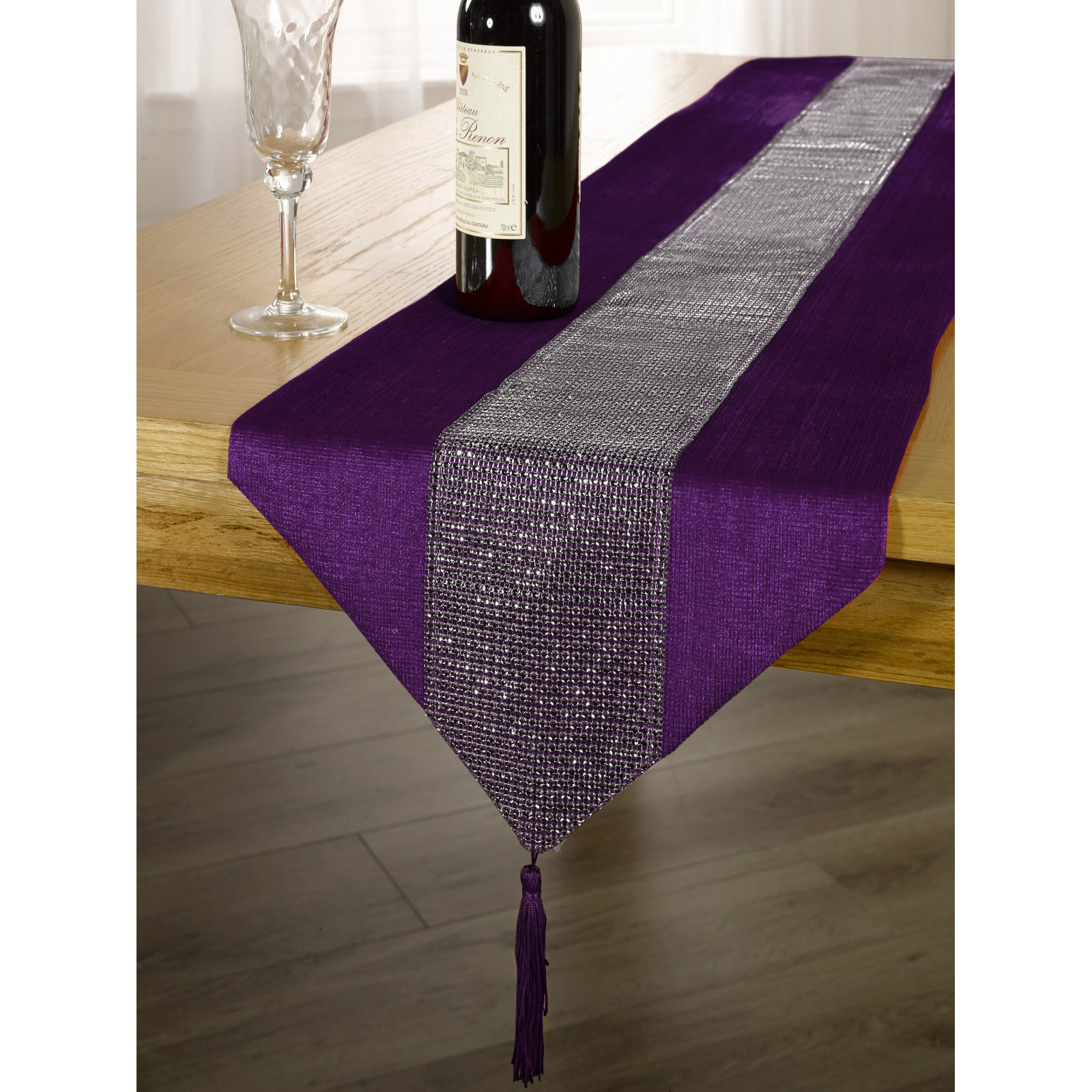 Colored Table Runner/Tablecloth With Diamante Strip And Tassels (7