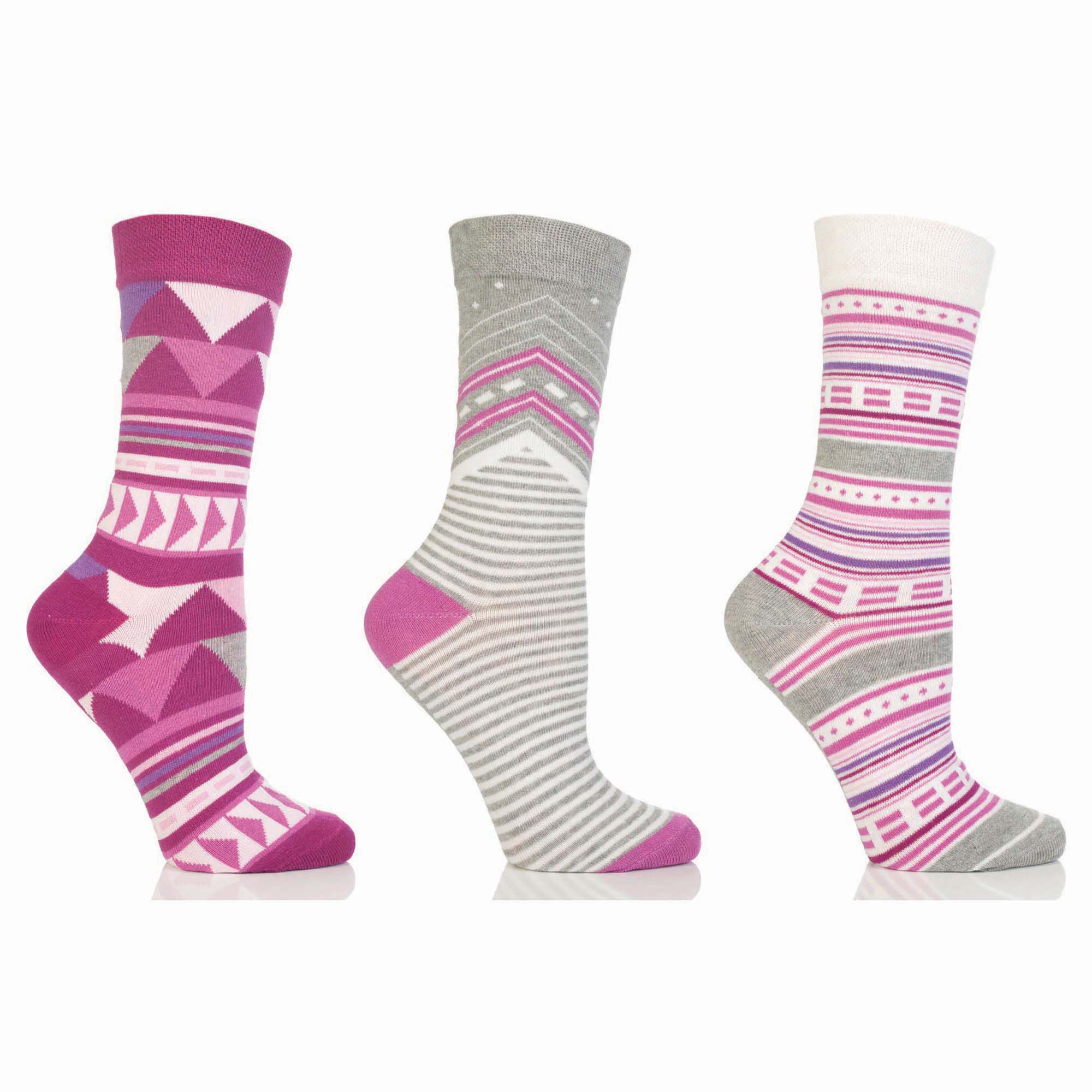 Ladies/Womens Cotton Rich Top Shape Pattern Crew Socks (Pack