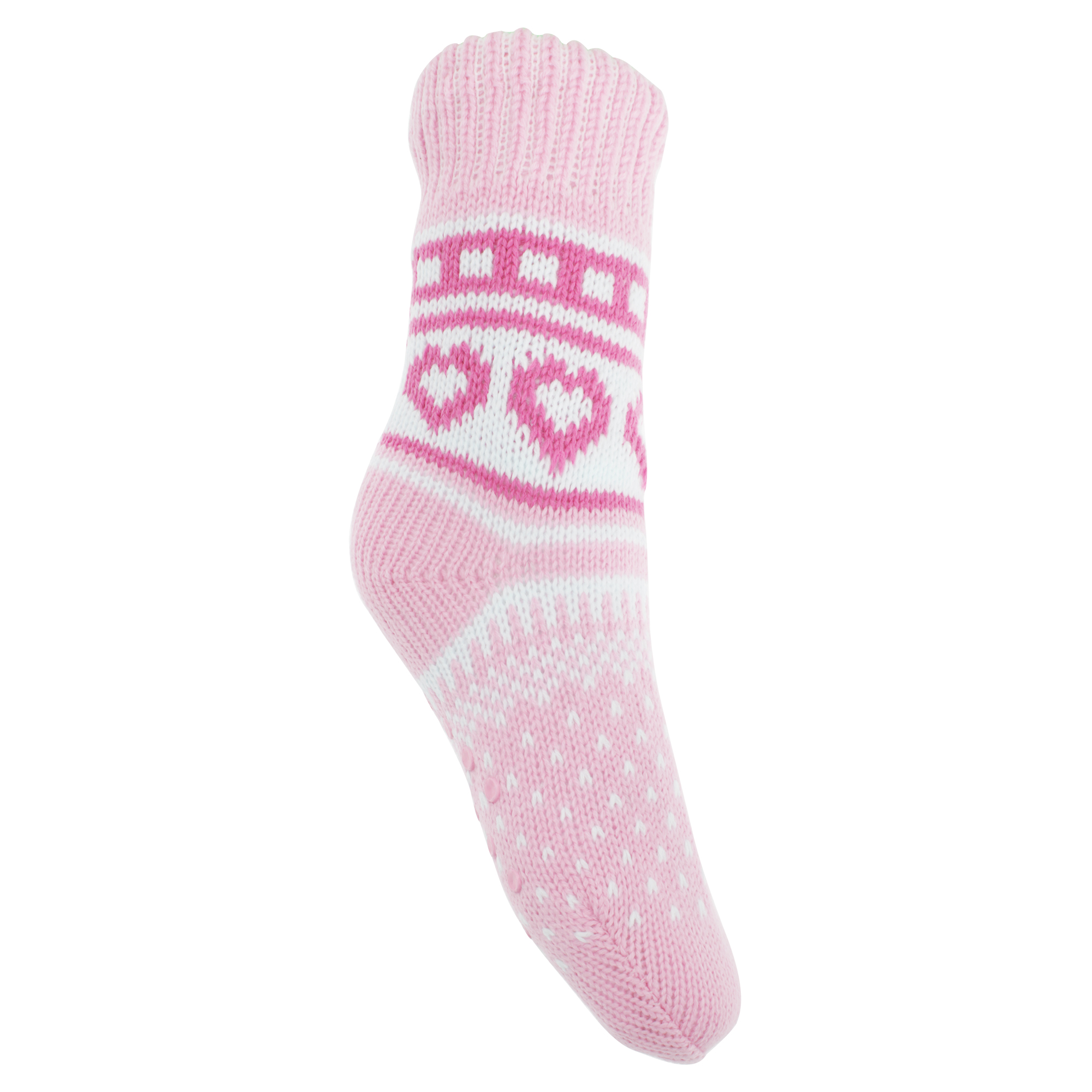 Childrens Girls Knitted Fairisle Faux Fur Lined Slipper Socks With Grippers