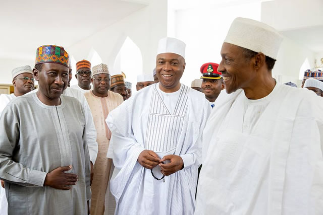 L-R: National Security Adviser, Babagana Monguno; Senate President, Bukola Saraki and President Muhammadu Buhari