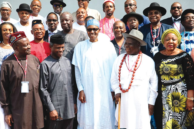 L-R: A former Governor of Akwa Ibom State, Obong Victor Attah; Vice-President Yemi Osinbajo; President Muhammadu Buhari; a former Minister of Informantion, Chief Edwin Clark; Senator Florence Ita-Giwa and other Niger Delta leaders during a meeting with Buhari in Abuja... on Tuesday. Photo: State House