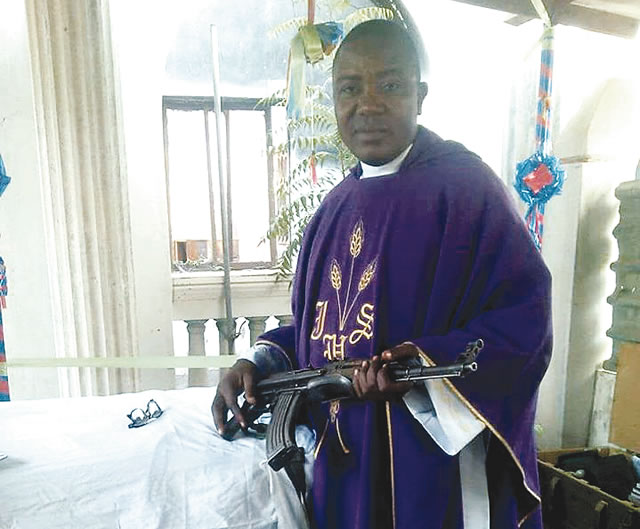 Image result for Reverend father in church poses with rifle