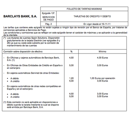 Comisiones Tarjetas Barclays