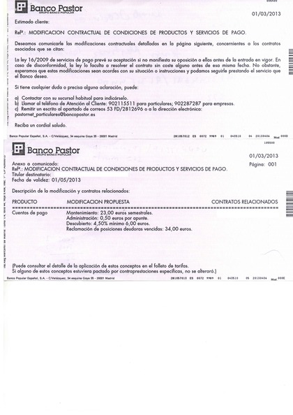 NOTIFICACIÓN NUEVAS COMISIONES BANCO PASTOR / POPULAR