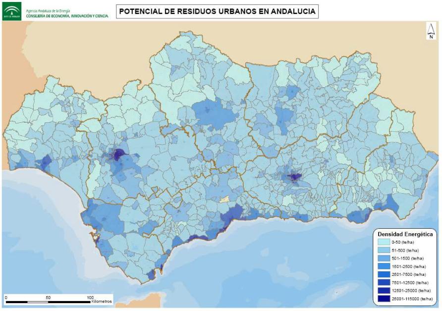 Mapa de Potencial de RSU en Andalucía. Fuente: Agencia Andaluza de la Energía