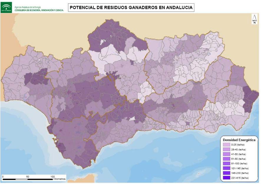 Potencial de residuos ganaderos en Andalucía. Fuente: Agencia Andaluza de la Energía