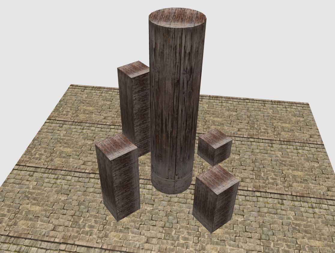Trois cubes et un cylindre posé sur un sol, positionné et avec un material