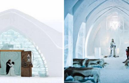 wedding venues made of ice with ice walls and wood doors