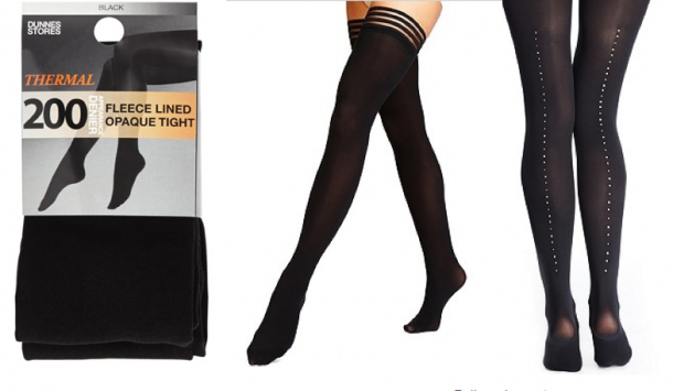 From left: Dunnes 200 Denier Fleece Tights €8, M&S 40 Denier Body Sensor Opaque Hold-Ups €8, M&S Autograph 60 Denier Body Sensor™ Opaque Tights Made With Swarovski Elements €35