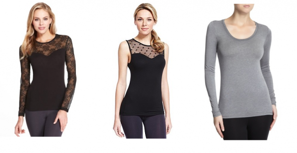 From left: M&S Heatgen Floral Lace €26, M&S Heatgen Spotted Thermal Vest €24, Dunnes Heat Generated Long-Sleeved T-Shirt €12.