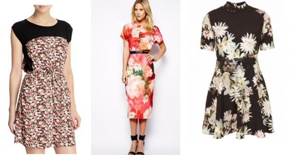 Floral Print: Dunnes Solid Yoke Dress €25, Ted Baker Longer Length Dress in Bright Floral Print €238, Topshop Printed High Neck Skater Dress €60