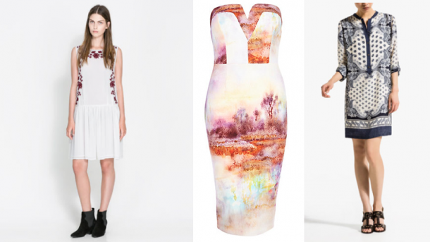 Girly Prints: Zara Sleeveless Print €16.99, River Island Pink Scenic Print Plunge Bandeau Pencil Dress €60, Massimo Duti Scarf Print Silk Dress €89.95