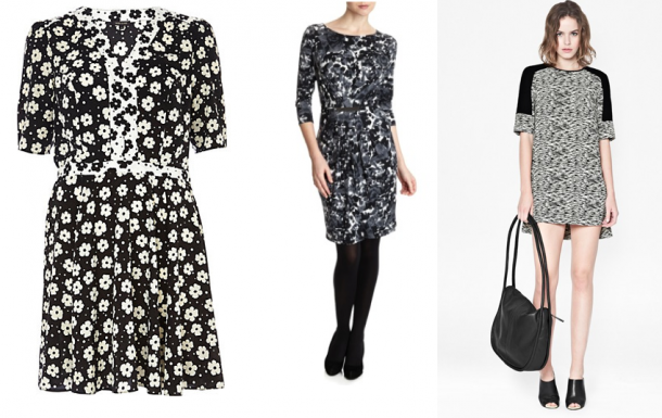 Monochrome: Black Floral Print Contrast Trim Tea Dress €47, Dunnes Gallery Sydney Print Dress €40, French Connection Sahara Wave Dress €155