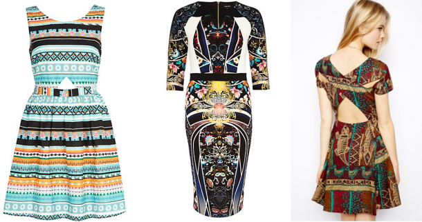 Tribal and Oriental: River Island Aztec Print Cut Out Skater Dress €33, River Island Navy Oriental Block Print Pencil €65, Asos Skater Cut Out in Gekko Print €54