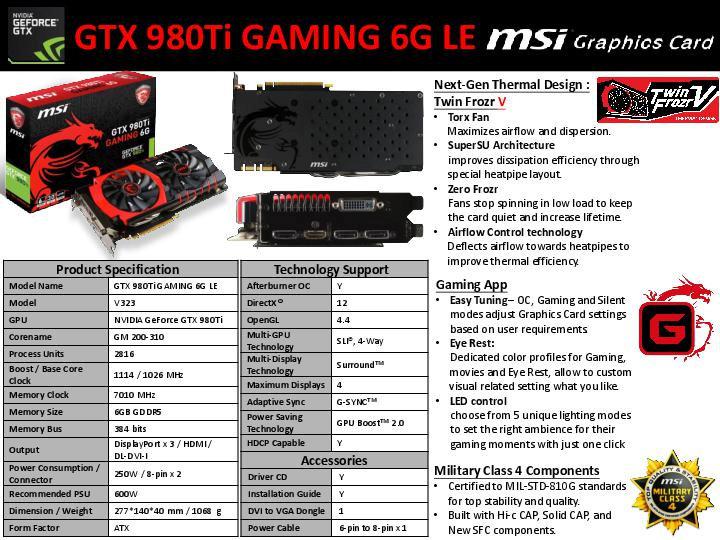 Msi Gtx 980 Ti gaming 6g Le datasheet