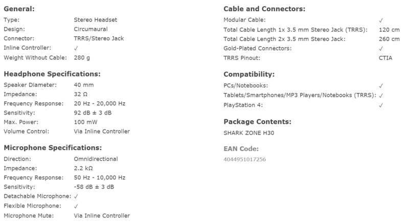 SHARK ZONE H30 specs