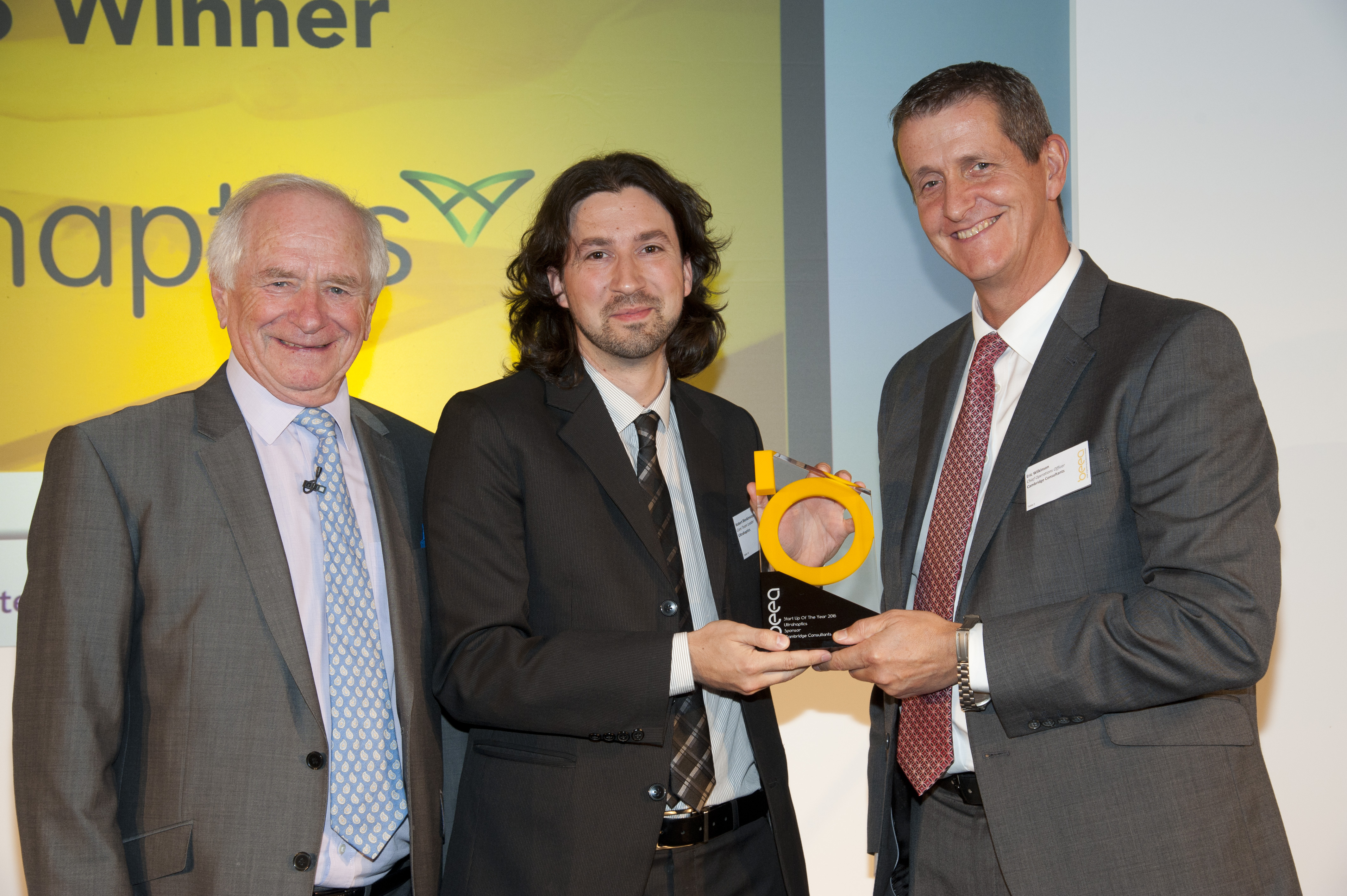Left to Right: Johnny Ball- Award host, Robert Blenkinsopp - Ultrahaptics, Eric Wilkinson, COO, Cambridge Consultants and Chairman of the Judging panel.