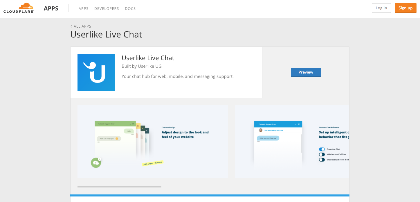 Screenshot of the Userlike profile in the cloudfare app directory.
