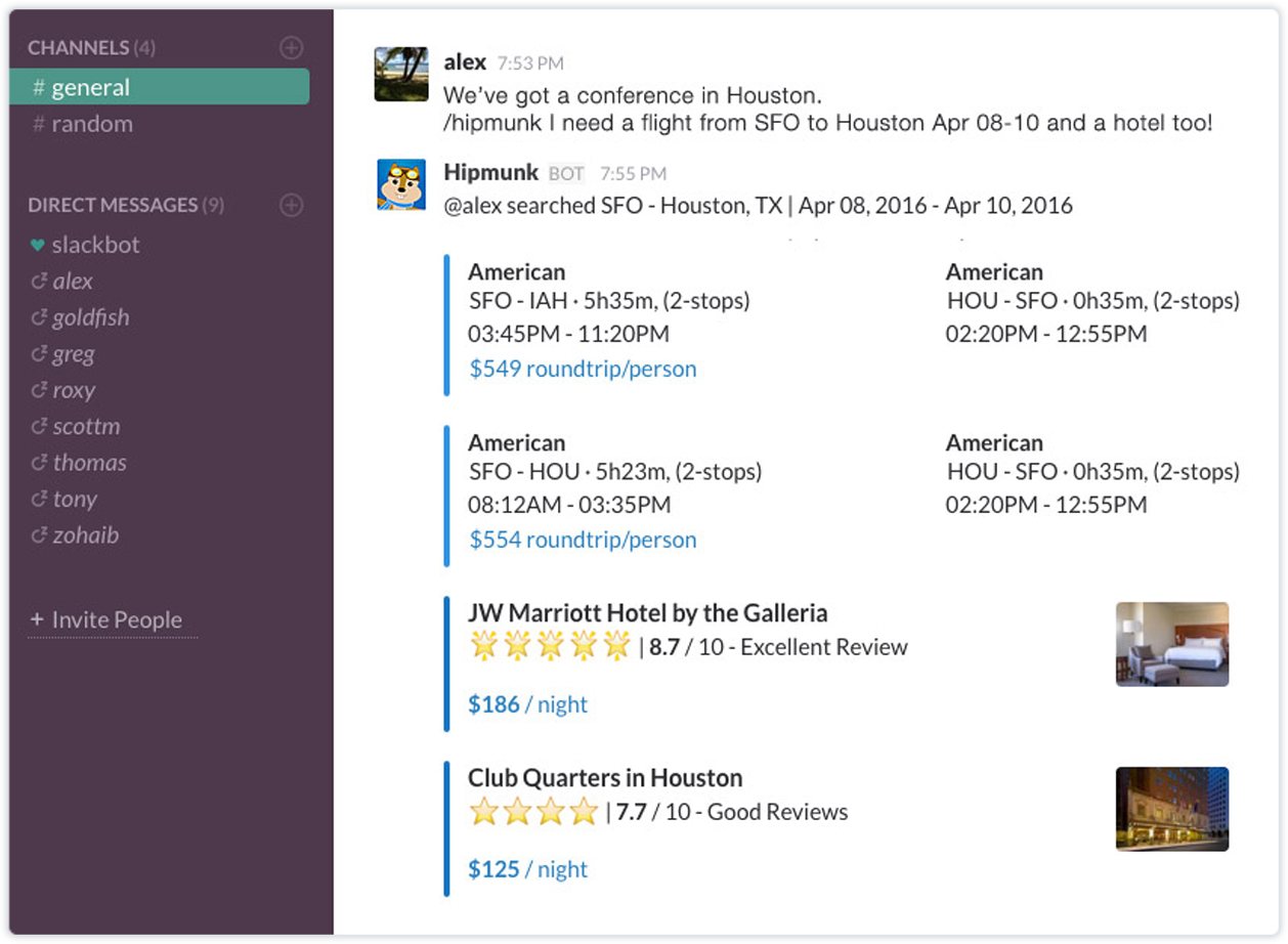 slack screenshot of hipmunk in action