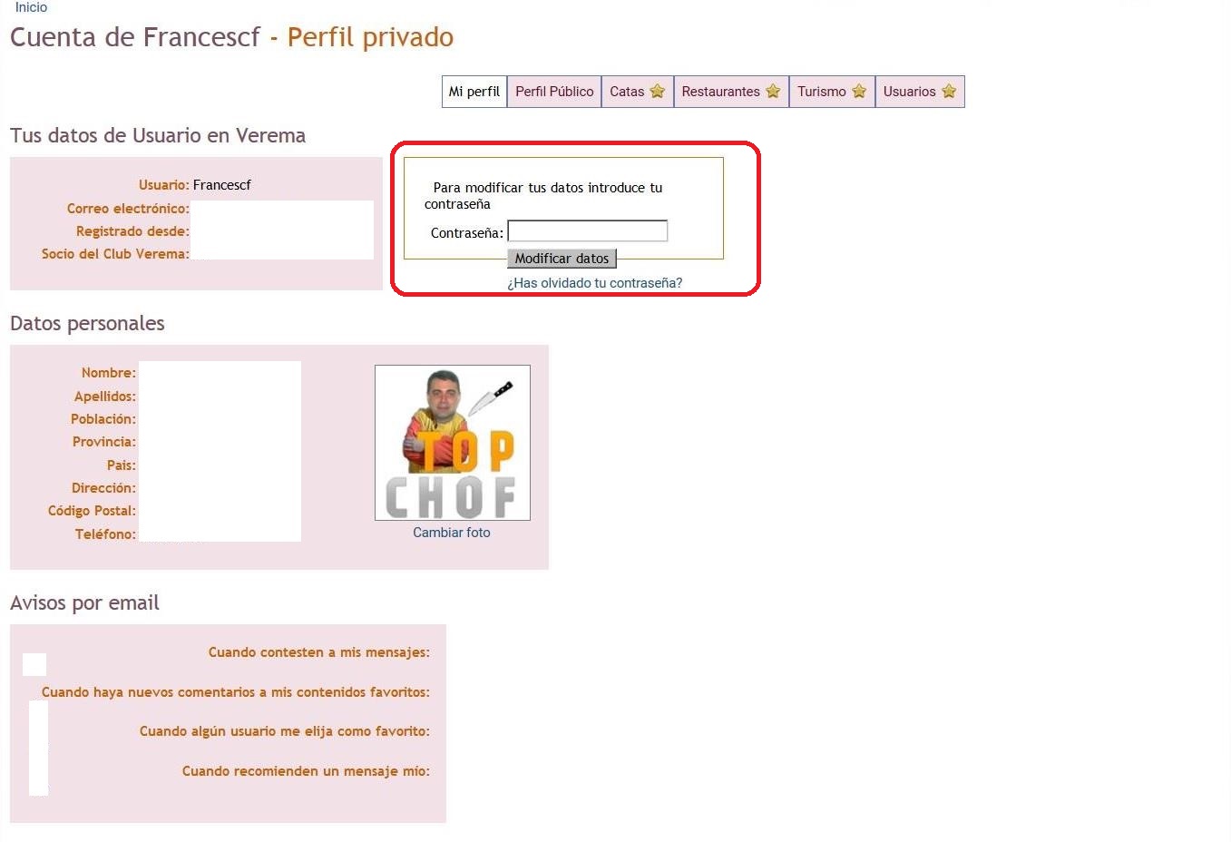 Te aparecerá esta página. Introduce tu contraseña, la misma que usas para acceder a verema) y clica en "Modificar datos".