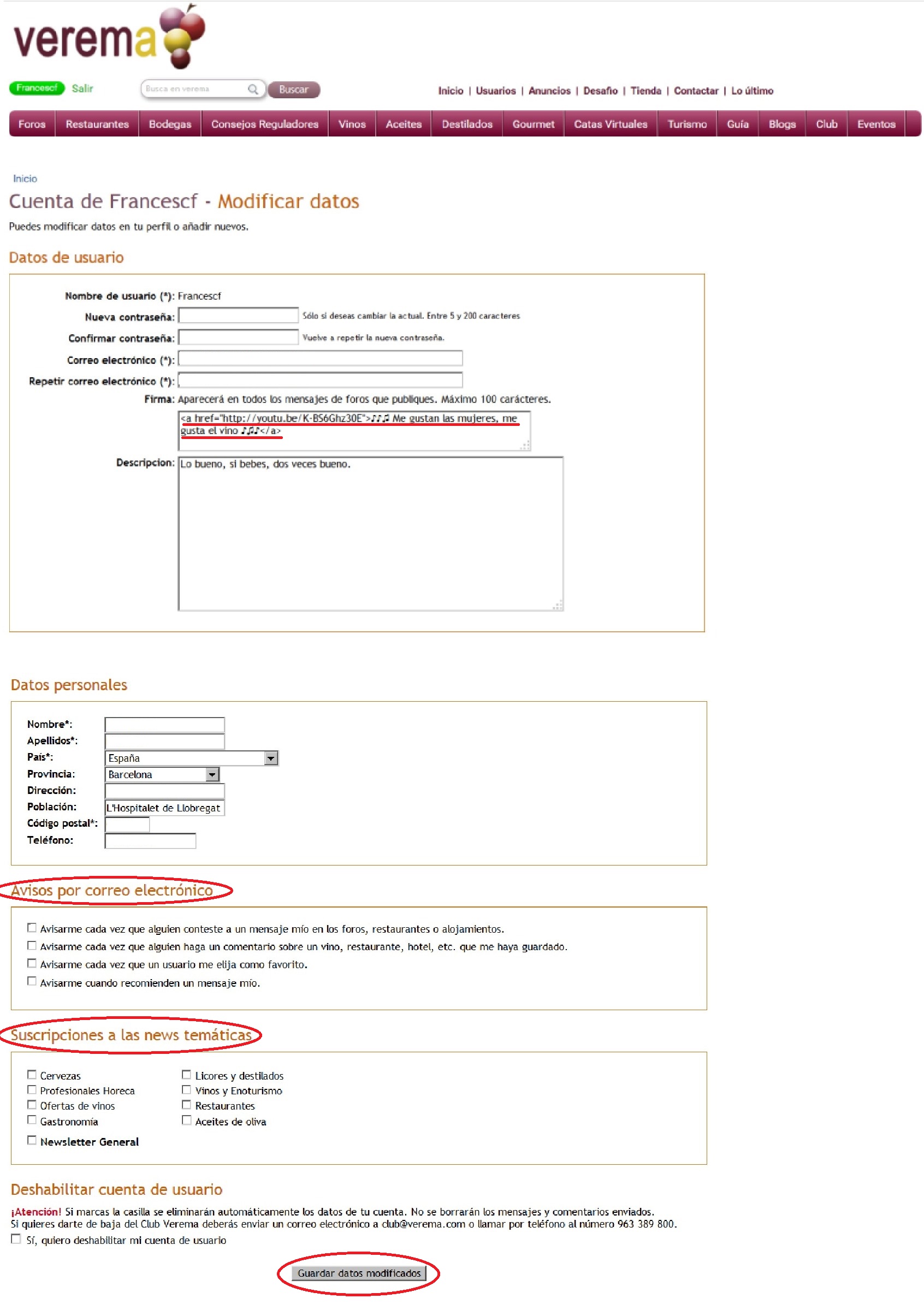 Te aparecerá esta página. Te he subrayado la orden que usé para incluir mi firma. También puedes modificar tus avisos por correo electrónico y las suscripciones a las newsletters temáticas. Cuando hayas acabado, clica en "Guardar datos modificados".