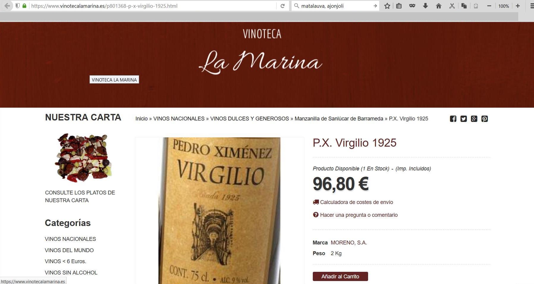 Donde está a menos de la mitad: 96,80€. A pesar de que hay un error en la D.O. y que me cobrarían 6,60€ en concepto de gastos de envío, me ahorraría más del 50%.