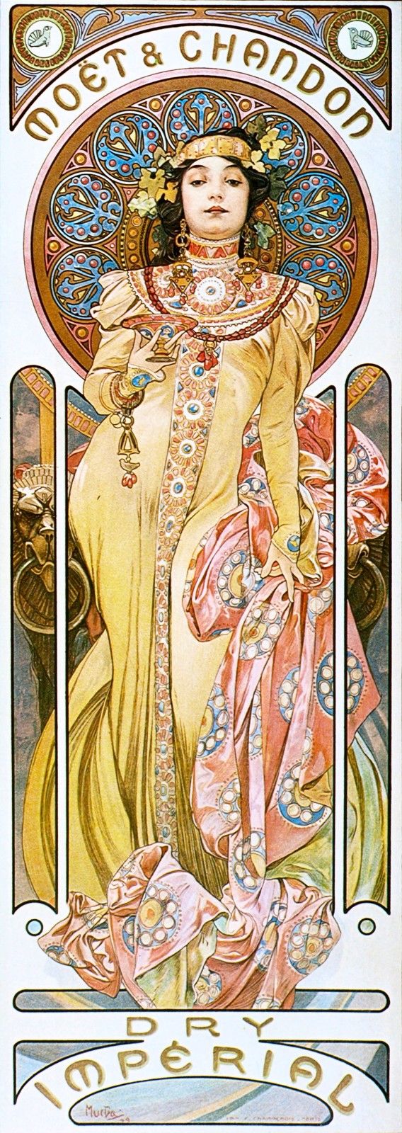 Los carteles publicitarios de las casas de Champagnes como esta de Moet et Chandon del 1899 por el checo Alfons Mucha en el 1899 (estilo Art Nouveau).