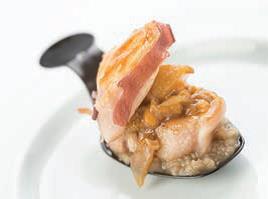 Chutney de mango i avellanes amb cansalada confitada i pop, sobre cremós de boletus.