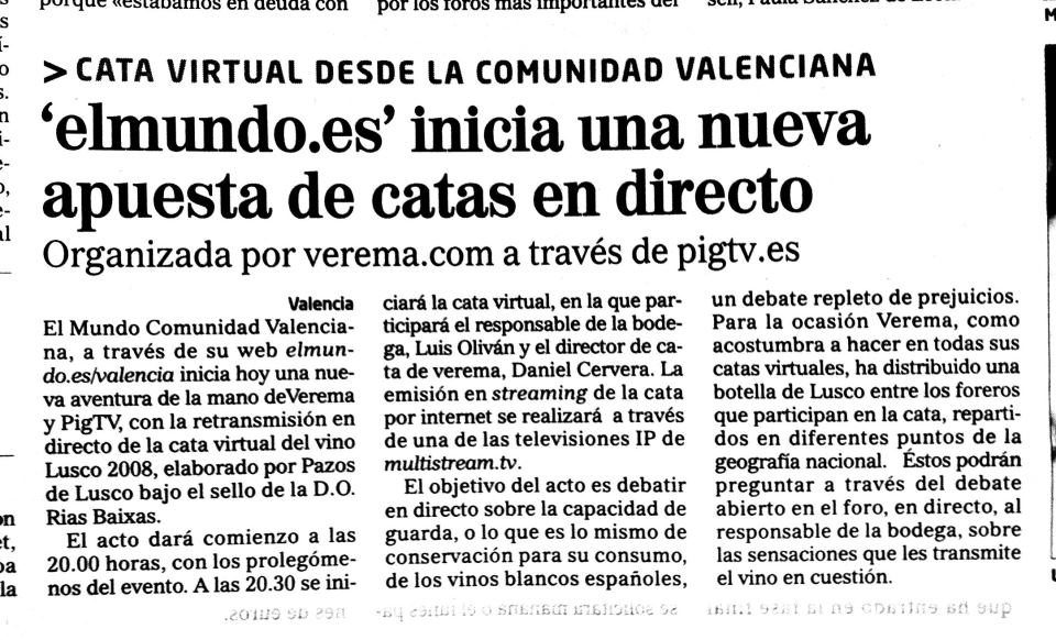 Artículo en El Mundo sobre la cata virtual de Lusco 2008