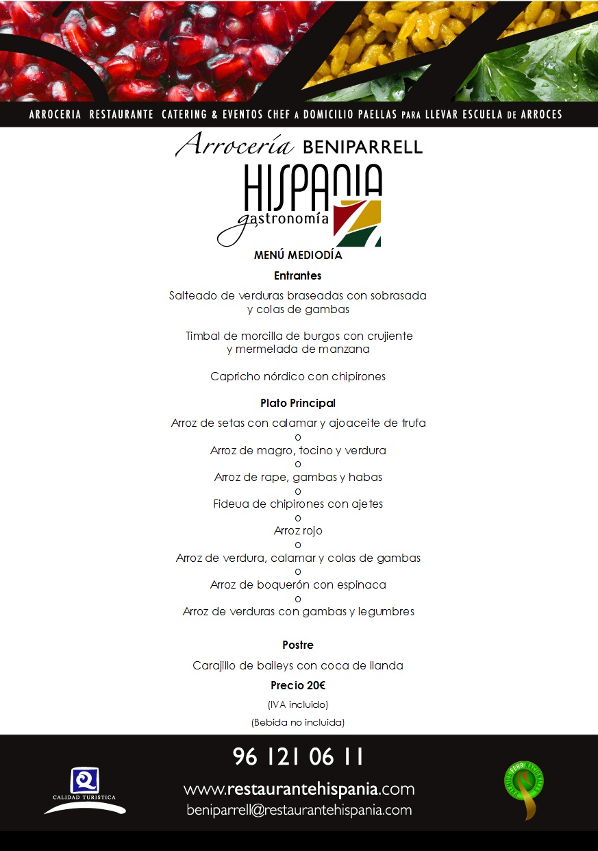 Restaurante Arrocería Hispania Beniparrell Menú 20€ del 17 al 22 de abril
