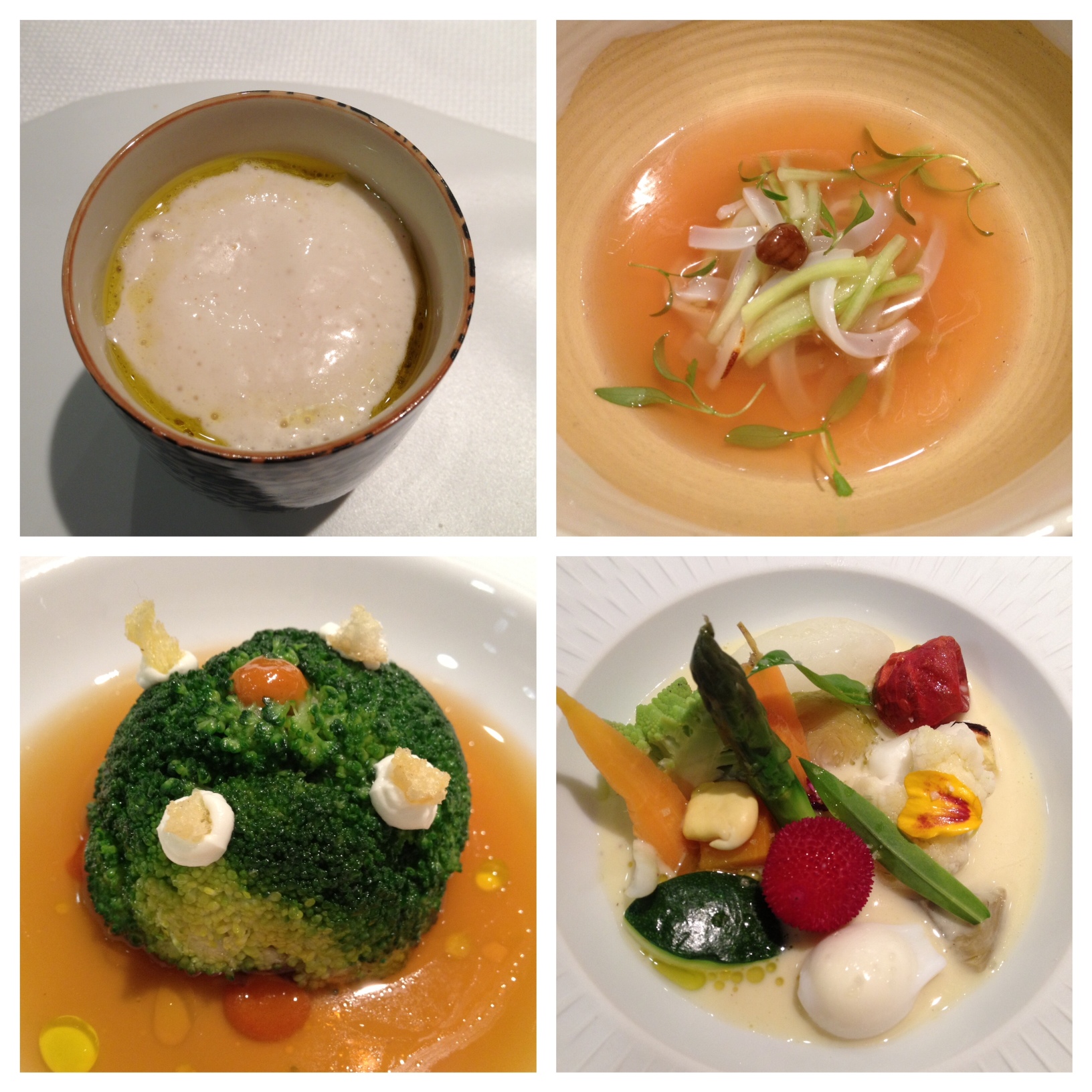Restaurante en Valencia 1) Capuchino de cachahuete, 2) Sopa fría de calamar, 3) Tartare de atún con brócoli 4) Menestra templada de verduras de otoño