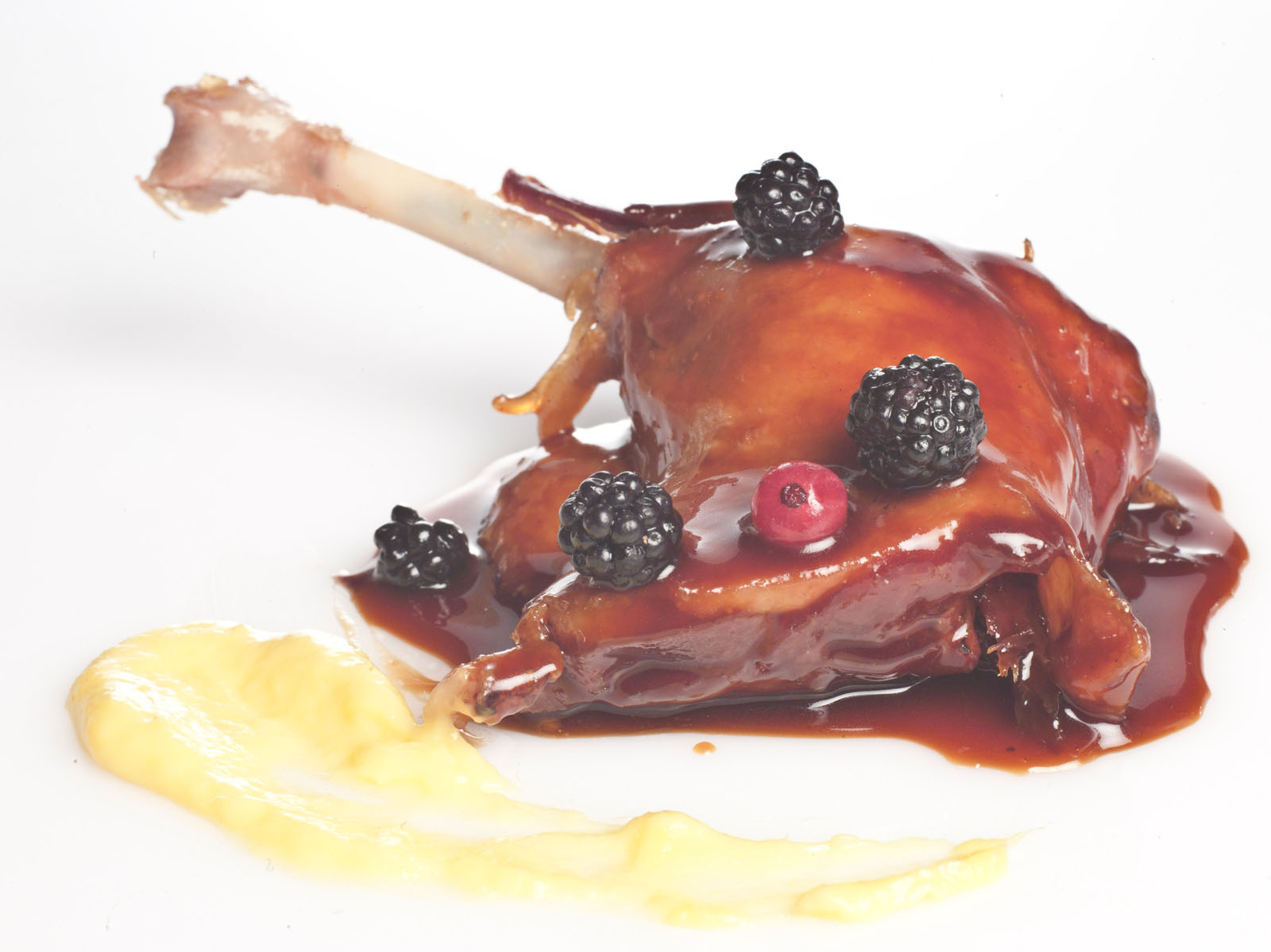 Confit de pato con pure de mango frutos rojos y salsa de arandanos de Paco Roncero