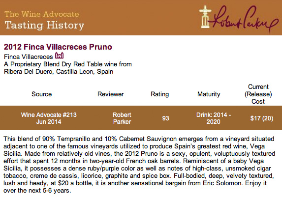 Cata de Robert Parker Pruno 2012