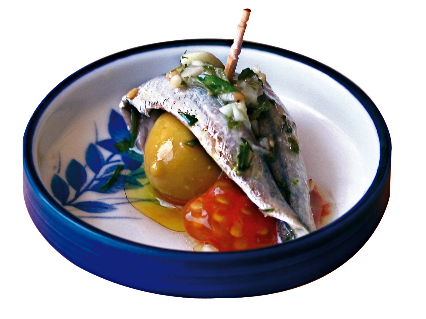 Boquerón en vinagre con aceituna y tomate