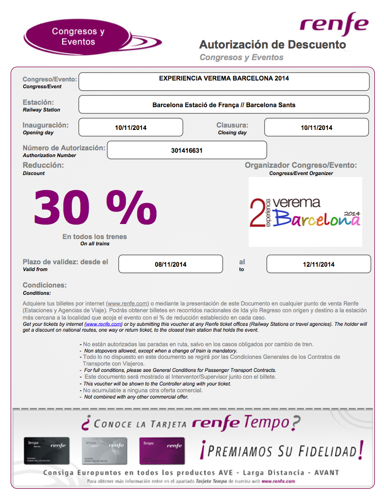 Descuento en renfe para ir a la Experiencia Verema Barcelona 2014