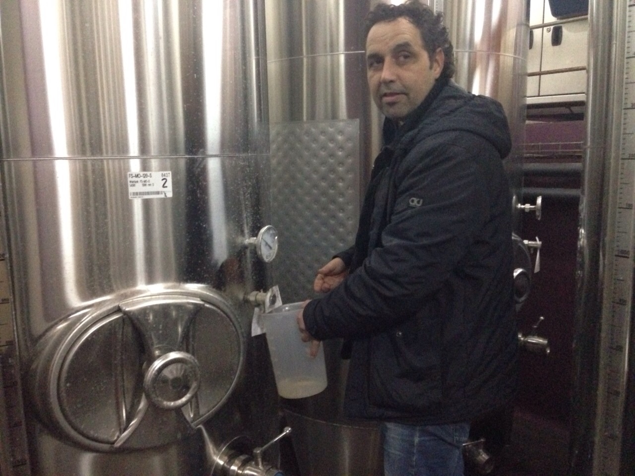 Xavier Bernet, extrayendo vino base de los depositos de inox.